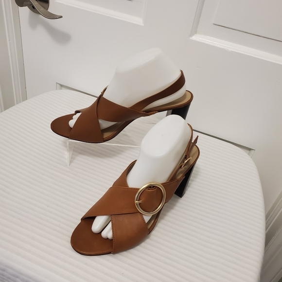 Ann Taylor Cognac in Color Leather Double Strap Buckle Close Block Sanda… - Picture 3 of 13